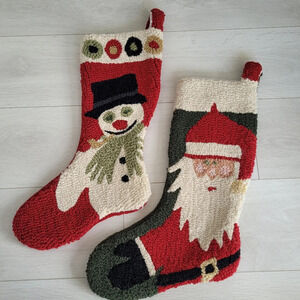 Vintage Wool Christmas Stockings Santa Snowman Yarn Needlework Made in India ×2